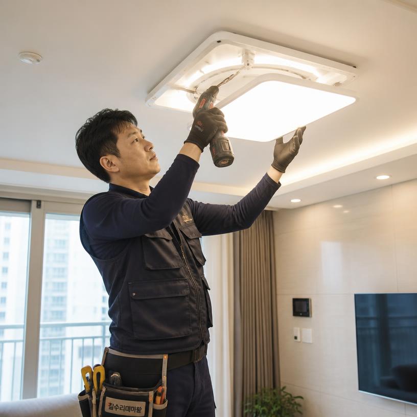 거실 LED 등기구 교체 작업 현장